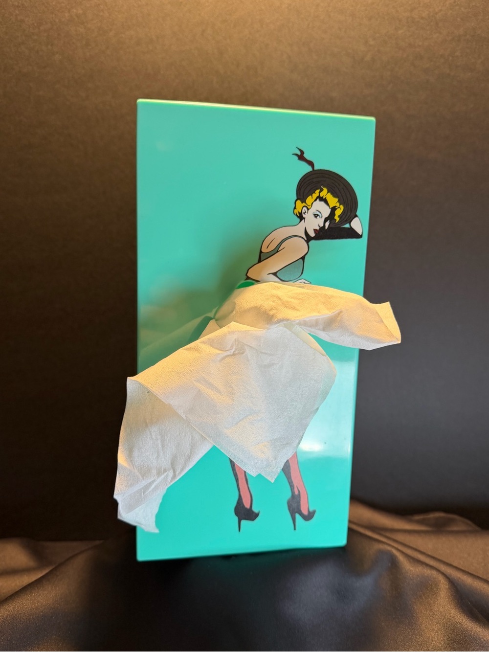 Vintage Pin-Up Girl Novelty Tissue Box Cover Turquoise Retro Boudoir Bathroom